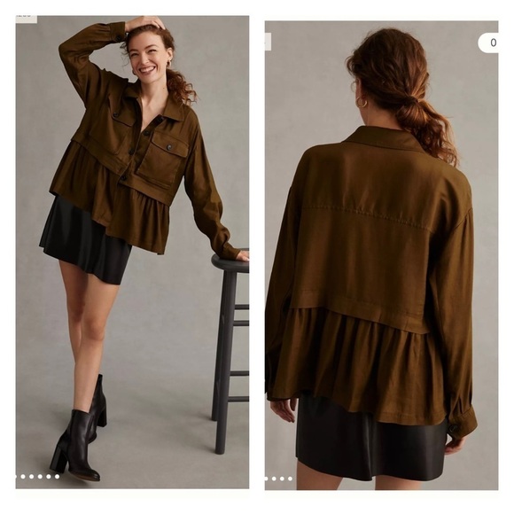 NWT MAEVE Anthropologie Flounced Utility Shirt Jacket Olive Green Medium - Picture 1 of 15